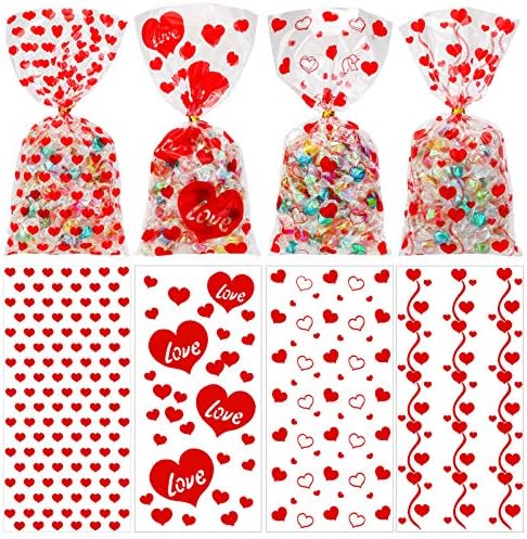 Konsait 100pcs Valentines Sacos de celofane, sacos de tratamento de biscoitos de doces claros com laços de torção para lanches