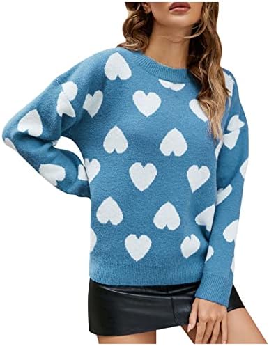 Sweater for Women Women Heart Presd de manga longa de manga longa top top de malha casual camiseta de pescoço solto