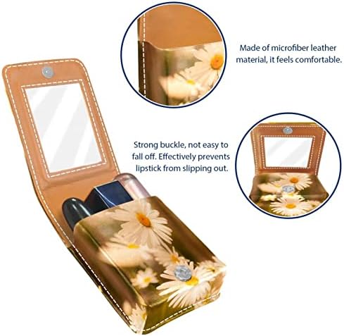 Caixa de batom de verão do pôr do sol da margarida de verão para viajar para fora, mini bolsa cosmética de couro macio com espelho,