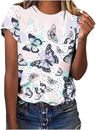 Blouses de manga curta 1/2 para meninas adolescentes de garotas spandex spandex de borboleta estampa floral blusa básica casual Mulheres 2023 WR
