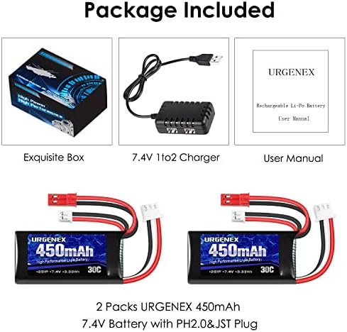 Urgenex 7,4V Bateria de Lipo 2S 30c 450mAh Bateria LIPO recarregável com bateria JST e PH2.0 Plug SCX24 com carregador USB de