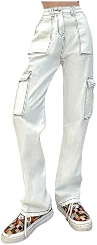 Jeans de cintura alta de botão para feminino de pecuária de rua de streetwork de bolso de bolso calças elásticas de cor sólida de cor sólida