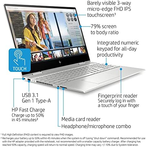 HP Envy X360-15-DR1010NR, 15,6 , tela de toque, Windows 10 Home 64, Intel Core i7, 8 GB de RAM, 512 GB SSD, FHD, Prata