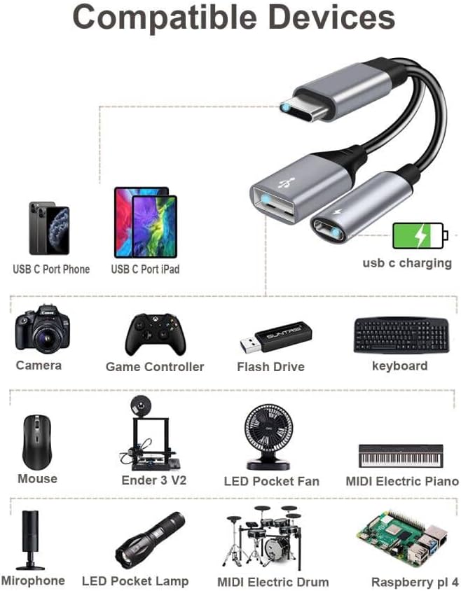Adaptador Uwoxx USB C OTG com potência, divisor de 2 polegadas USB C com carregamento de 60W PD e USB uma porta feminina