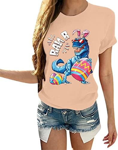 Feliz Camisas de Páscoa para mulheres dinossauros e ovo de Páscoa Camiseta gráfica Carta engraçada Letra impressa Tee de manga