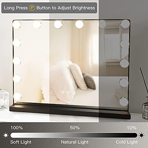 Espelho de vaidade de DePuley com luzes, espelho de maquiagem iluminado de 23 polegadas com interruptor de toque inteligente, espelho de maquiagem de vaidade grande com 15 lâmpadas LEDs diminuídas para camarim, quarto, mesa, preto