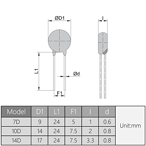 FILECT 10PCS Varistores do disco de chumbo radial AC 510V 14D511K/F7.5/L24 Resistores dependentes de tensão para