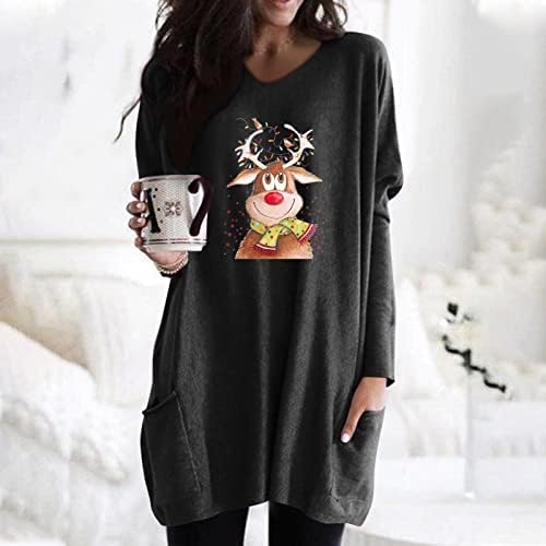Camisas de Natal de Beuu para Mulheres Casual Crepinho Pescoço de veado de veado Camisetas de manga longa T Tops de pull de pulôver suave e midi