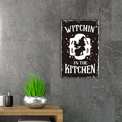 Decoração de parede de lata de lata de metal de cozinha engraçada, bruxa retrô na placa da cozinha para presentes de decoração