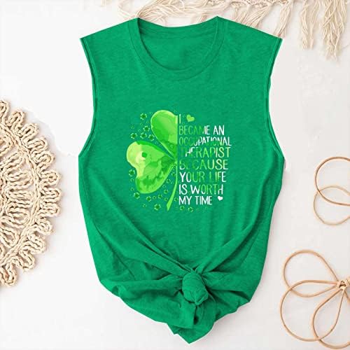 Tanque de dia de St. Patrick Tampo Mulheres Verde Four Folhas Prind Heart Graphic Casual Bloups Camisetas sem mangas
