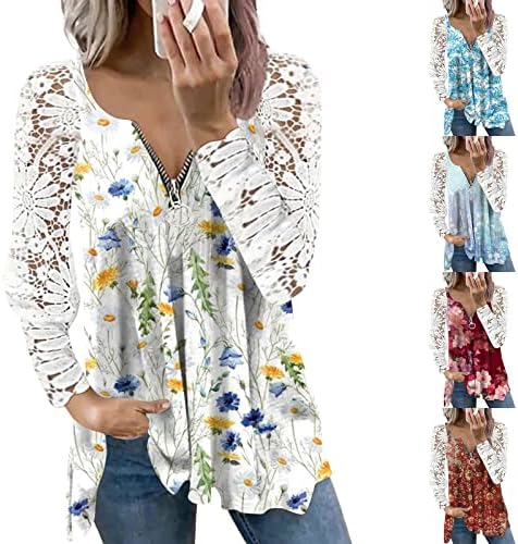 Smidow Women's Spring Tops 2023 LACE MANAGEM LONGO ZIPPER V Camiseta de pescoço Boho Camisetas soltas Blusa de túnica floral fofa
