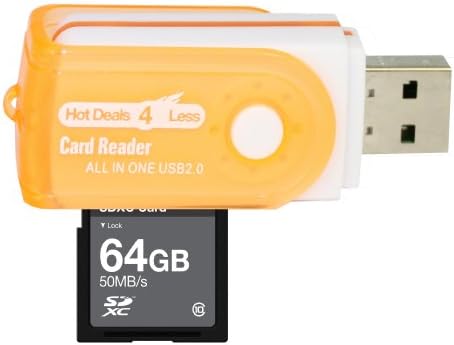 64 GB Classe 10 SDXC High Speed ​​Memory Card 50Mb/S. Para Fujifilm finepix f500exr finepix f505exr câmeras. Perfeito para filmagens e filmagens contínuas em alta velocidade em HD. Vem com ofertas quentes 4 a menos, tudo em um leitor de cartão USB giratório e.