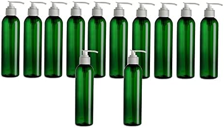 Fazendas naturais 12 pacote - 8 onças - garrafas plásticas de cosmo verde - bomba branca - para óleos essenciais, perfumes,