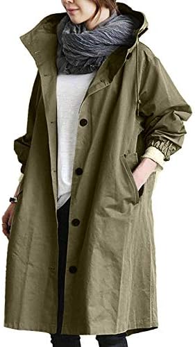 Mulheres mais tamanho botão para baixo para baixo Trencheira longa Casual Windbreaker com capuz aberto front frontal