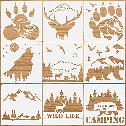 9 peças florestas urso garra estêncil estêncil de veado padrão lobo estêncil Jungle Mountain mylar modelo estêncils reutilizáveis ​​pintura