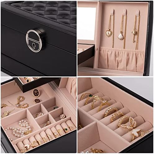 Caixa de jóias de Jinhuohuo, caixa de jóias grandes, caixa de jóias para mulheres, 3 camadas de armazenamento de jóias grandes,
