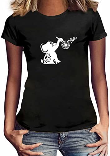 Camiseta gráfica fofa feminina Funny Elephant Dandelion Print Graphic Tee Animal Casual Caminho de Manga Curta