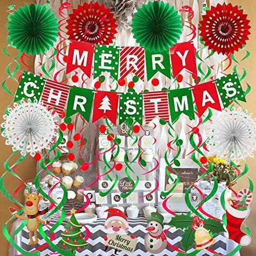 Fecedy Feliz Natal Banner Papel Fan Flower Circle Confetti Dots pendurados Garland e Swirl Swirl Tree de Natal Treça de Natal Ministro