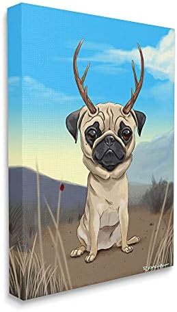 Stuell Industries Funnic Field Pug Wild Pet Dog With Antlers, Design de Brian Rubenacker Canvas Wall Art, 16 x 20, azul