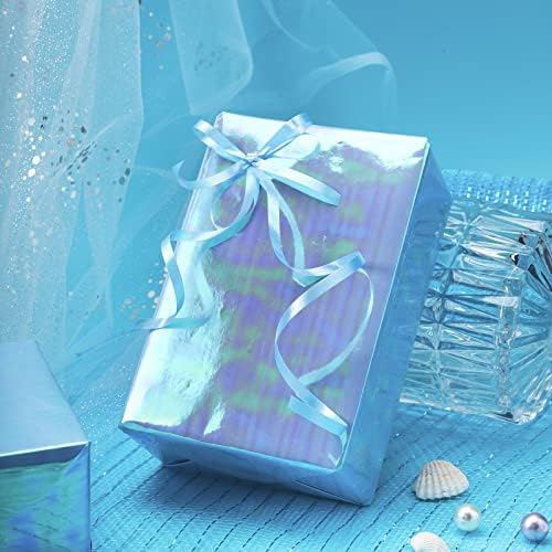 Rolo de papel de embrulho azul lezakaa - Papel de embrulho iridescente holográfico para aniversário, dia dos namorados, dia das mães,