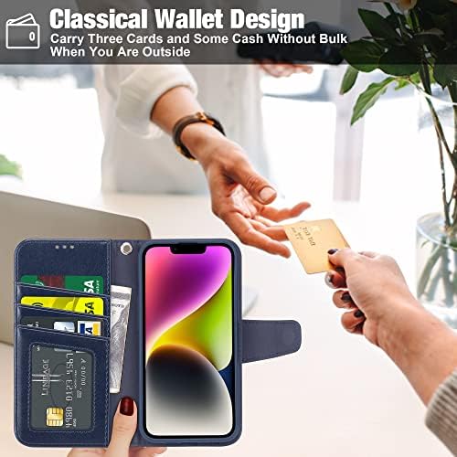 Lugege Compatível com o iPhone 14 Pro Max Case Wallet Flip Folio Case [Kickstand] com titulares de cartões de bloqueio RFID [à prova de choque] e capa de pulseira de pulso azul