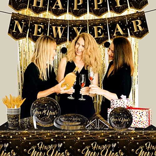 Ano Novo Véspera de Tableware Conjunto Decoração-142 PCs Feliz Ano Novo Os suprimentos para 20 hóspedes incluem pratos de ouro e pretos, copos, guardana