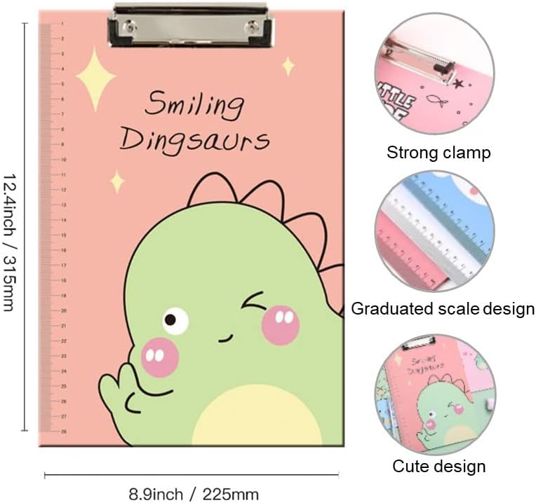 Pink Cute Dinosour Padrão de planta de letra A4 de dinosour para crianças, estudantes, planta de planta plástica, escritório e mulheres, porta de transferência com suporte para caneta e clipe de baixo perfil, tamanho 12,5 x 9 polegadas