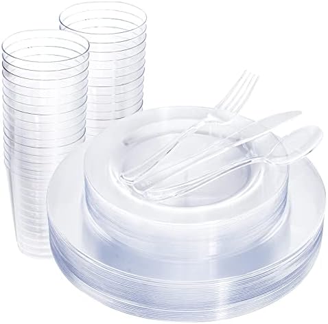 WDF 25 Placas de plástico transparentes com talheres de plástico transparente e xícaras de plástico transparente - Placas transparentes