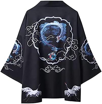 Cardigan de quimono japonês beuu para masculino, solto diante frontal 3/4 manga leve ukiyoe dragon jacket manto casual