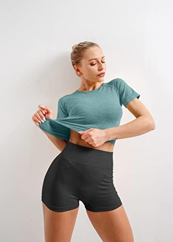 Hyz Women Workout 3 peças conjuntos de ioga de ioga tops de ginástica esportes esportes de manga curta camisas atléticas