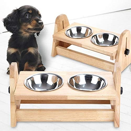 Bowl de alimentos para animais de estimação duas tigelas de madeira maciça de mesa de mesa gato tigela de aço inoxidável