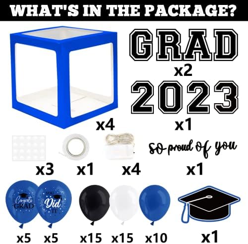 Dazonge Blue Graduation Party Decorações 2023 - Conjunto de 4 caixas de balão de graduação com 40 balões de látex e 4 cordas iluminadas - tão orgulhoso de você 2023 Decorações de graduação para qualquer cerimônia