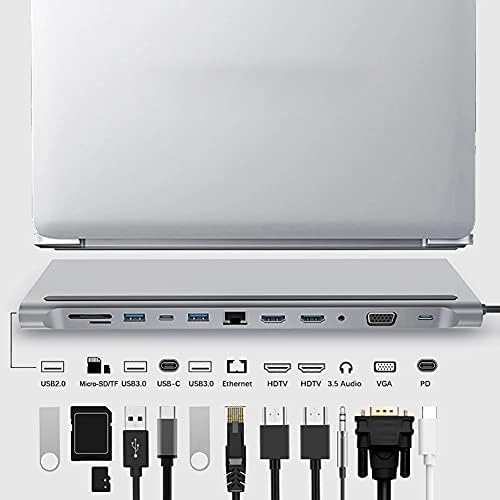 Xxxdxdp 12 em 1 USB C Laptop Docking Station Type-C para dupla compatível/VGA/USB 3.0 Hub/PD/RJ/Micro-SD/TF Adaptador de dock