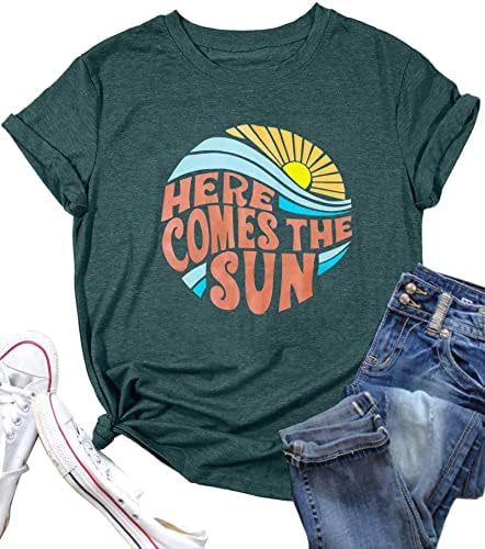 Aí vem a camisa do sol feminino de verão sunshine print praia tops vintage férias de manga curta de manga curta