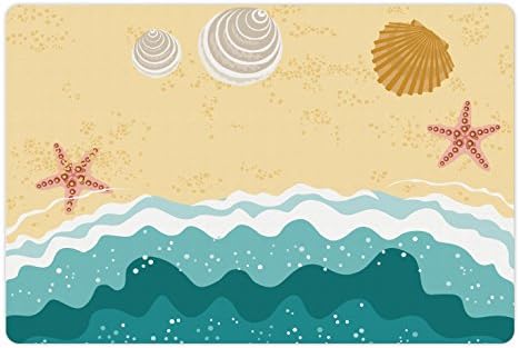 Tapete de estimação do oceano lunarável para comida e água, ondas do mar na praia arenosa com estoris de férias de férias