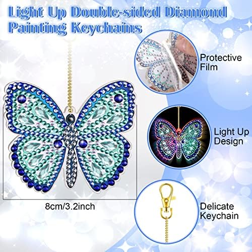 Epakh 3 PCs LED Diamond Painting Keychains Light Up 5D Diamond Painting Kits for Kids Adult Double -lado DIY Diamond Art
