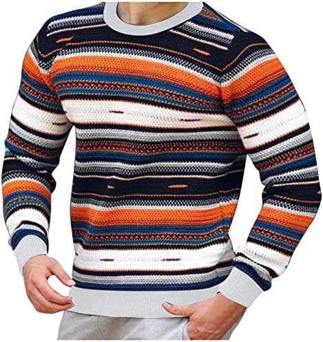 Sweater de malha de waffle, suéter masculino de suéter redondo solto de manga longa listra colorida blusas de fundo casual suéteres