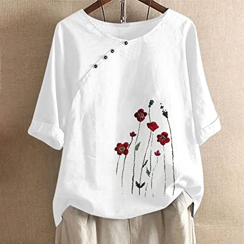 Camisetas de verão feminino meio manga V de pescoço botão de lateral floral ajuste as camisetas de camisetas casuais, algodão da