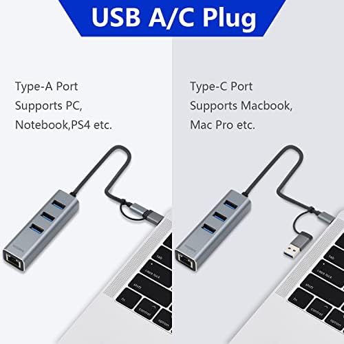 Adaptador USB C para Ethernet Yicorps 3 Port USB 3.0 Expander Hub para RJ45 LAN com o adaptador Gigabit Ethernet LAN para