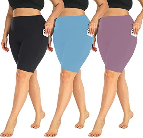 MoreFeel 3 Pack Plus Tamanho de 8 shorts de motoqueiros com bolsos para a cintura alta da mulher que não vê através do treino Black Yoga Short