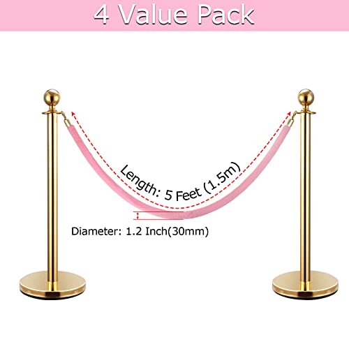 Fviexe 4 Pack Velvet Stanchion Rope, Cordas de veludo de controle rosa de 5 pés rosa com fecho de ouro, segurança da fila