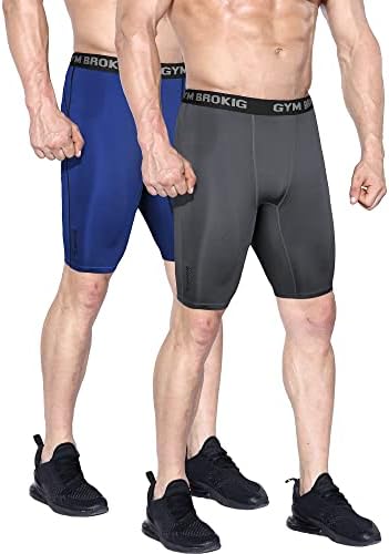 Brokig Men's 2 pack shorts de compressão de ginástica respirável, treino rápido de exercícios esportivos de compressão curta