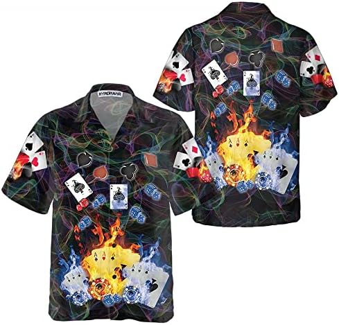 Camisa havaiana de cassino de pôquer flamejante, camisa de cassino de chamas para adultos, camisa legal para jogadores de cartas de pôquer, camisa de praia aloha, camisa masculina verão, manga curta, camisas de praia, havaiano de verão
