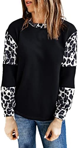 Camisas de bloco de cores femininas blusas de manga comprida camisas causais camisetas estampas de leopardo camisas de camiseta longa blusa de camisa fêmea