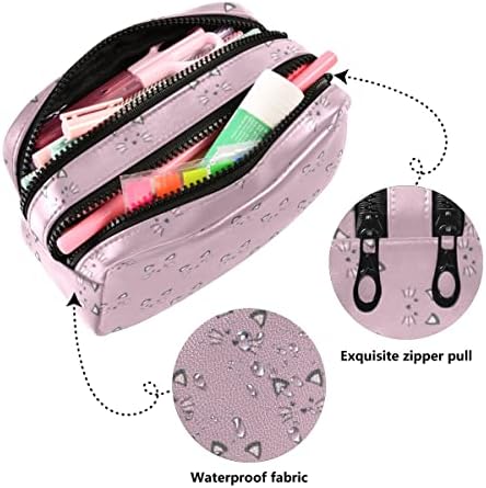 Saco de lápis de couro com 2 compartimentos com zíper, fofo gato de gato rosa case de lápis feminino saco de maquiagem bolsas