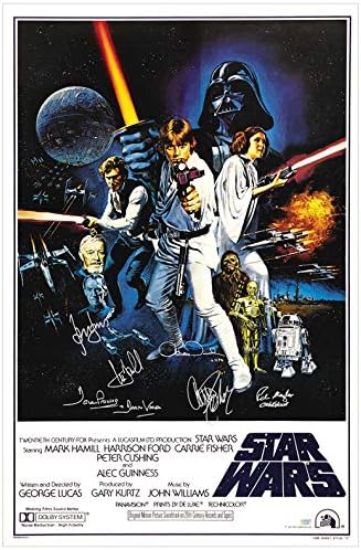 Harrison Ford, Carrie Fisher, Mark Hamill, Peter Mayhew, Anthony Daniels e David Prowse autografados Star Wars: A New Hope 27 × 40 Retro Poster