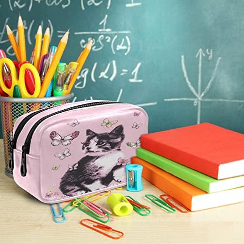 Gatinho gáfico gatinho e borboleta capa de lápis rosa de grande capacidade para bolsa de lápis zíper bolsa de cosméticos