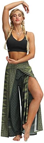 Fancy uyee feminino boho estampa de fenda larga calças de perna larga causal hippie bohemian calosdo calças de ioga calças de praia de verão