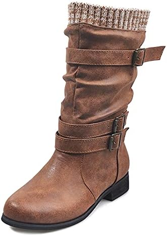 Womens Knight Boots Premium Faux Leather Buckle Strap Salto grossa no meio das botas de poço de poço retro raio de