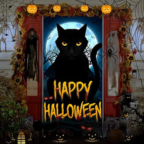 Halloween Party Black Cat Door Tampa de porta de portas assustador truque ou tratar a bandeira de porta de festa do Halloween para a varanda da frente alpendre o halloween festas de festas decoração de porta, 35 x 71 polegadas